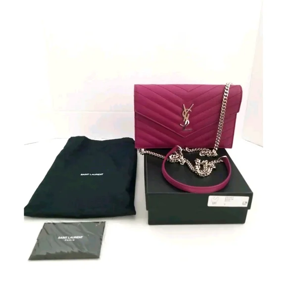 SAINT LAURENT YSL Magenta Grain Leather Chevron Envelope WOC Wallet on Chain - Picture 1 of 5